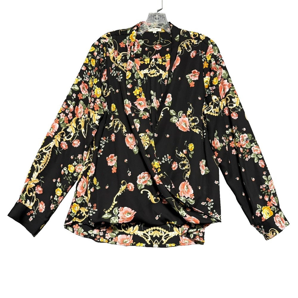Pleione Wrap Blouse XL Black Floral Baroque Long Sleeve Surplice Top Cottagecore